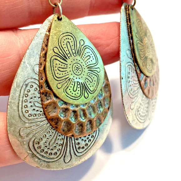 Boho Pierced Earrings Huge Embossed Teardrops Gold Silver Copper Festival Chic - Picture 7 of 7